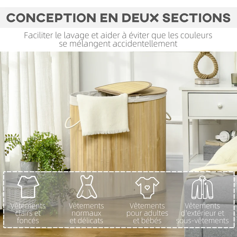 Panier à linge 62.5 x 37 x 60.5 cm 2 sections sac amovible style scandinave moderne ambiance cosy en bambou naturel 21_0005832