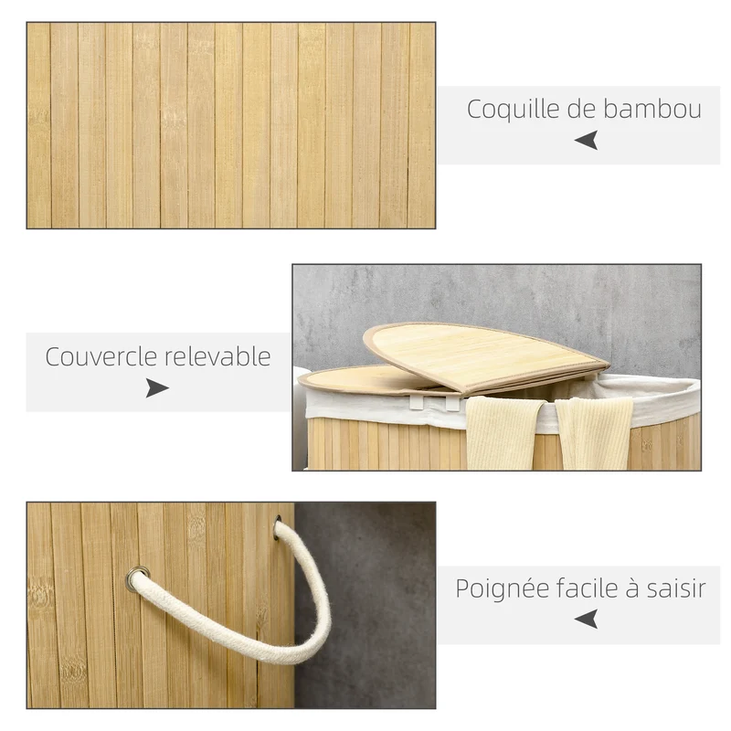 Panier à linge 62.5 x 37 x 60.5 cm 2 sections sac amovible style scandinave moderne ambiance cosy en bambou naturel 21_0005832