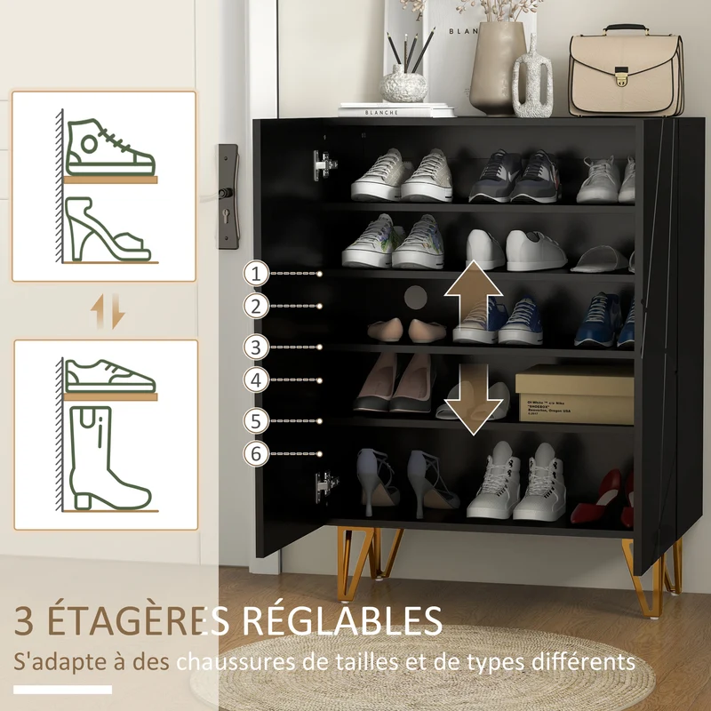 Meuble à chaussures 72 x 31,5 x 95 cm étagères réglables 20 paires design moderne en panneaux de particules noir laqué 21_0002707
