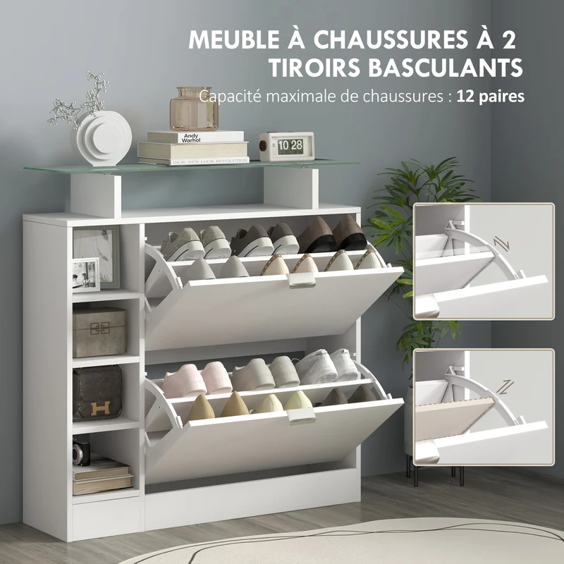Meuble à chaussures 2 tiroirs 89 x 25 x 92 cm 12 paires étagères réglables stable moderne en panneau de particules blanc 21_0002712