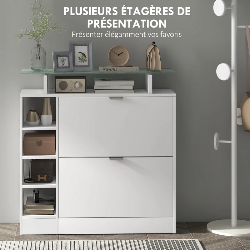 Meuble à chaussures 2 tiroirs 89 x 25 x 92 cm 12 paires étagères réglables stable moderne en panneau de particules blanc 21_0002712