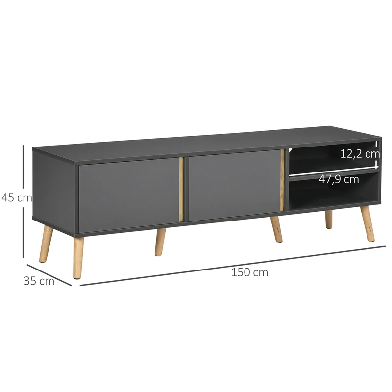 Meuble tv scandinave salon 150 x 35 x 45 cm rangement 2 portes passe-câbles épuré en panneau de particules gris foncé 21_0003116