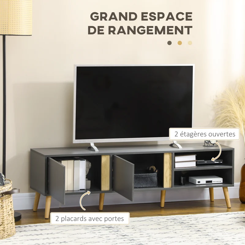 Meuble tv scandinave salon 150 x 35 x 45 cm rangement 2 portes passe-câbles épuré en panneau de particules gris foncé 21_0003116