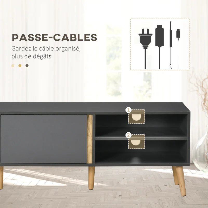 Meuble tv scandinave salon 150 x 35 x 45 cm rangement 2 portes passe-câbles épuré en panneau de particules gris foncé 21_0003116