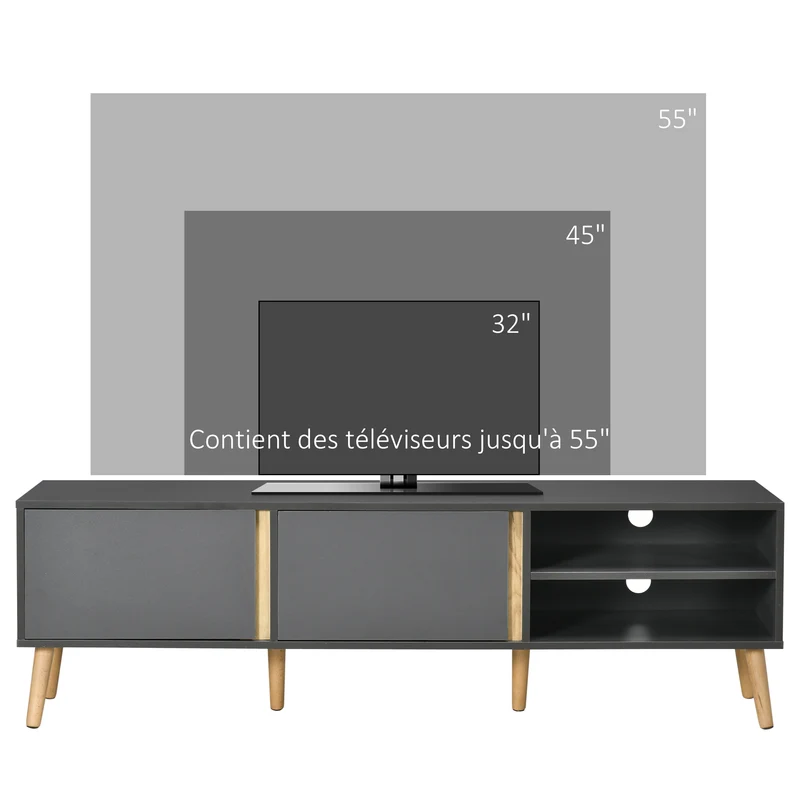 Meuble tv scandinave salon 150 x 35 x 45 cm rangement 2 portes passe-câbles épuré en panneau de particules gris foncé 21_0003116