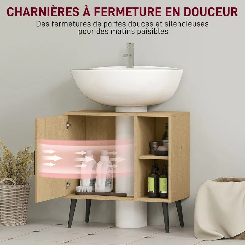Meuble sous lavabo salle de bains 60 x 30 x 59.5 cm fermeture douce style industriel en panneau de particules chêne 21_0002080