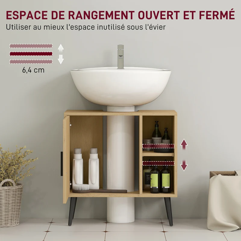 Meuble sous lavabo salle de bains 60 x 30 x 59.5 cm fermeture douce style industriel en panneau de particules chêne 21_0002080