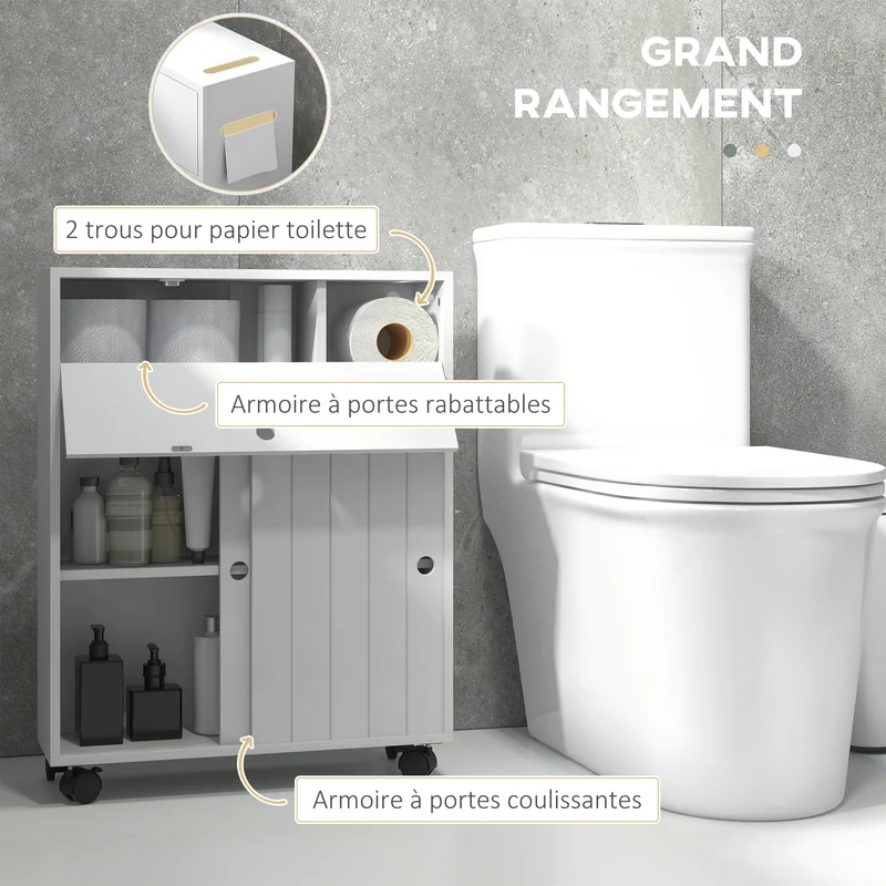Meuble de rangement toilette compact 52 x 17 x 67 cm porte papier sur roulettes étagères réglables épuré en MDF blanc 21_0001982