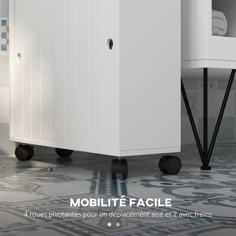 Meuble de rangement toilette compact 52 x 17 x 67 cm porte papier sur roulettes étagères réglables épuré en MDF blanc 21_0001982