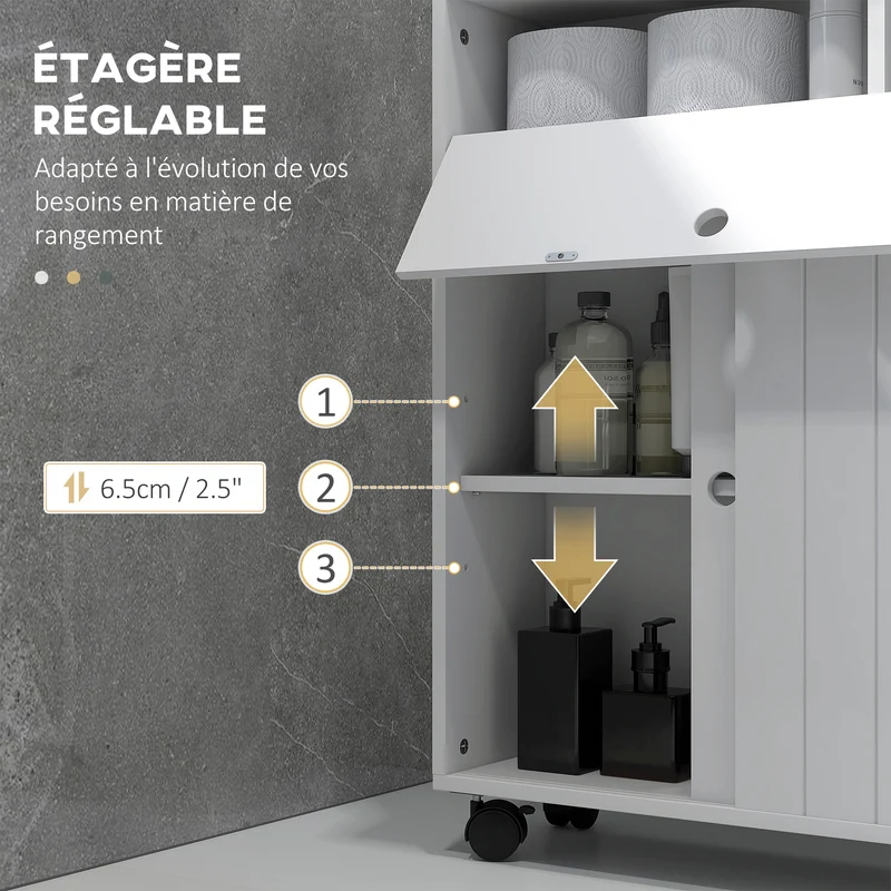 Meuble de rangement toilette compact 52 x 17 x 67 cm porte papier sur roulettes étagères réglables épuré en MDF blanc 21_0001982