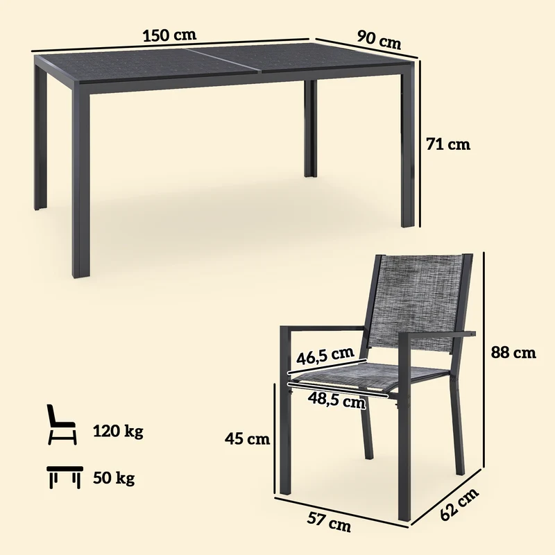 Lot de 7 ensemble de jardin tout temps rectangulaire 150 x 90 x 71 cm chaises empilables contemporain en acier noir 21_0005337