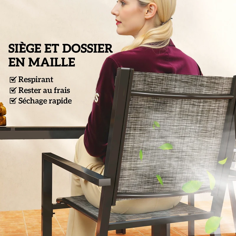 Lot de 7 ensemble de jardin tout temps rectangulaire 150 x 90 x 71 cm chaises empilables contemporain en acier noir 21_0005337