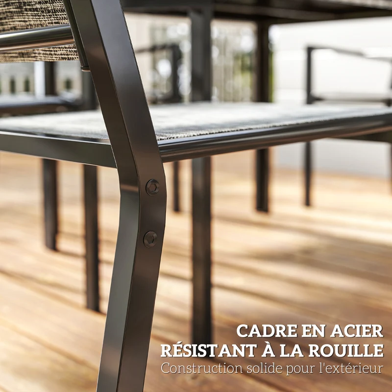 Lot de 7 ensemble de jardin tout temps rectangulaire 150 x 90 x 71 cm chaises empilables contemporain en acier noir 21_0005337
