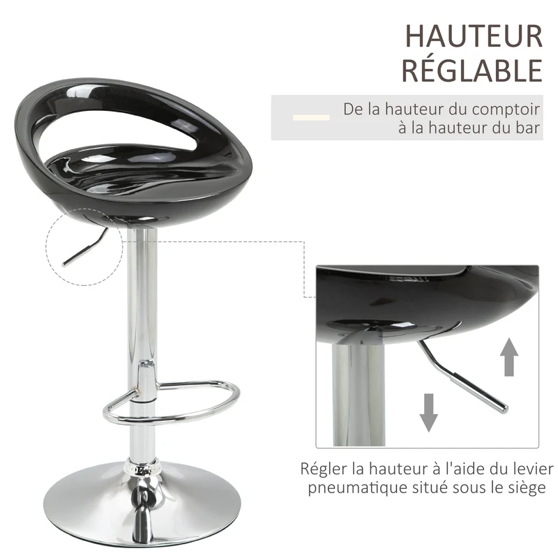Lot de 2 tabourets de bar pour cuisine hauteur réglable assise pivotante 360° 46 x 41 x 76-96 cm moderne en métal noir 21_0002187