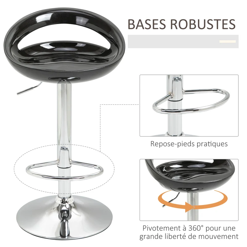 Lot de 2 tabourets de bar pour cuisine hauteur réglable assise pivotante 360° 46 x 41 x 76-96 cm moderne en métal noir 21_0002187