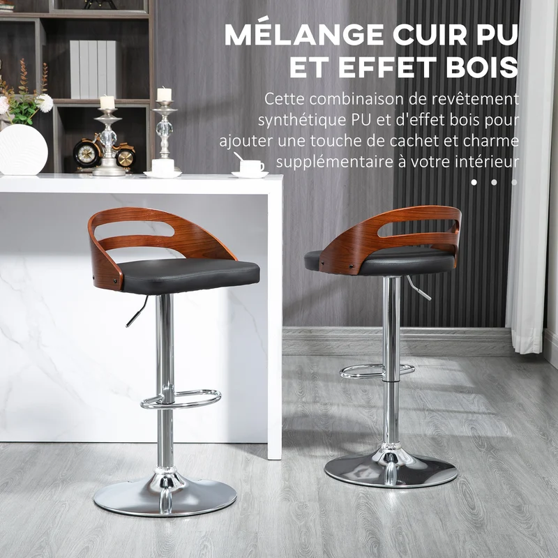 Lot de 2 tabourets de bar 46,5 x 44,5 x 100 cm réglables en hauteur pivotant 360° assise enveloppante design en PU noir 21_0002261