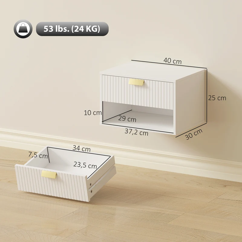 Lot de 2 tables de chevet suspendues 40 x 30 x 25 cm tiroir et étagère moderne épuré en panneau de particules blanc 21_0003782