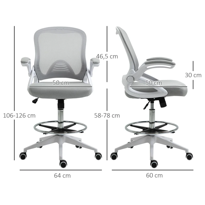 Lot de 2 fauteuils de bureau assise haute réglable 64 x 60 x 106-126 cm pivotant 360° confortable moderne en maille gris 21_0006347