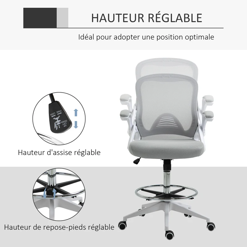Lot de 2 fauteuils de bureau assise haute réglable 64 x 60 x 106-126 cm pivotant 360° confortable moderne en maille gris 21_0006347