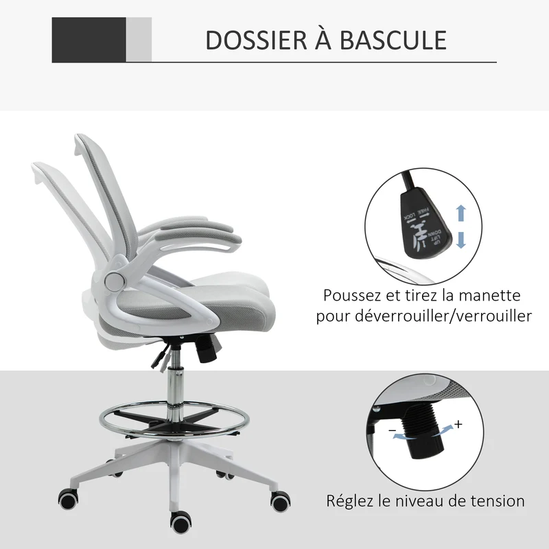 Lot de 2 fauteuils de bureau assise haute réglable 64 x 60 x 106-126 cm pivotant 360° confortable moderne en maille gris 21_0006347