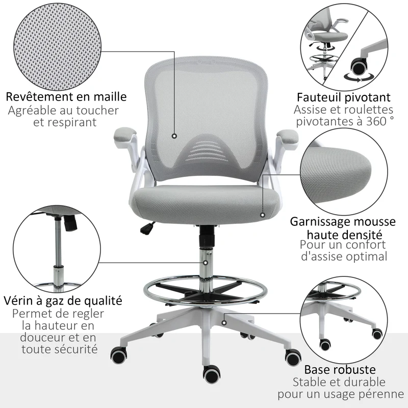 Lot de 2 fauteuils de bureau assise haute réglable 64 x 60 x 106-126 cm pivotant 360° confortable moderne en maille gris 21_0006347