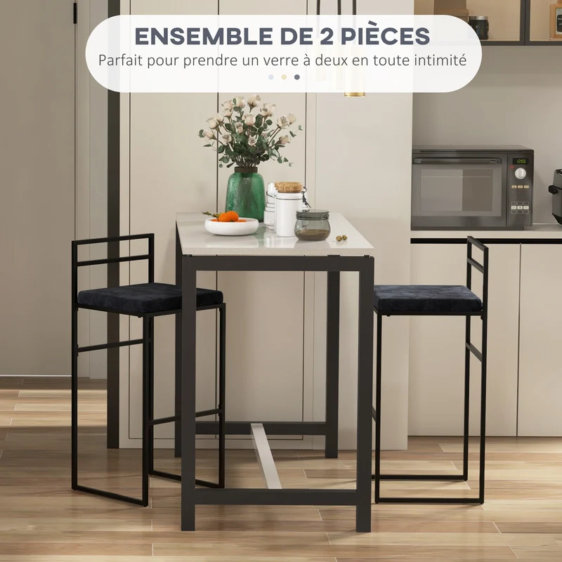 Lot de 2 chaises de bar 42 x 40 x 91 cm assise rembourrée avec repose-pied style contemporain confort en velours noir 21_0003201