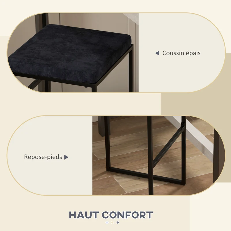Lot de 2 chaises de bar 42 x 40 x 91 cm assise rembourrée avec repose-pied style contemporain confort en velours noir 21_0003201