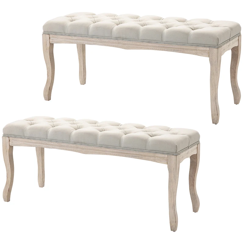 Lot de 2 banquette capitonnée bout de lit 110 x 38 x 49 cm confort mousse haute densité classique chic en lin beige 21_0002820