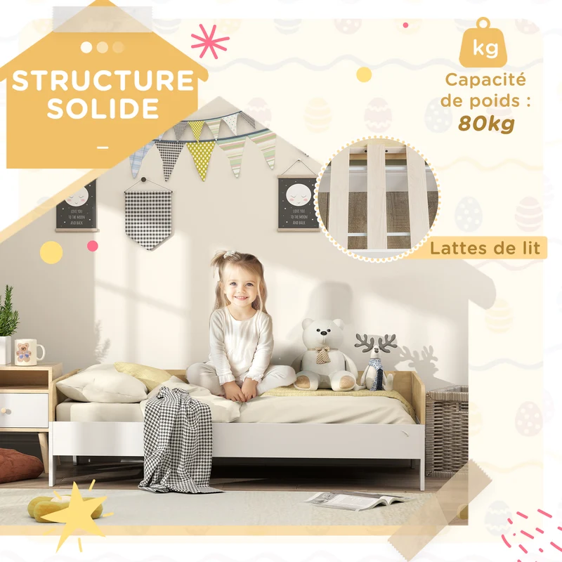 Lit enfant bas compact 143,5 x 74 x 40 cm sécurité panneaux latéraux élevés transition berceau minimaliste en MDF blanc 21_0000249