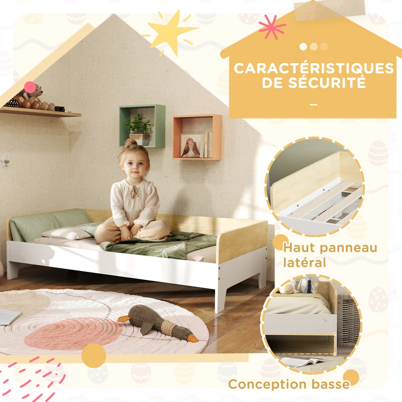 Lit enfant bas compact 143,5 x 74 x 40 cm sécurité panneaux latéraux élevés transition berceau minimaliste en MDF blanc 21_0000249
