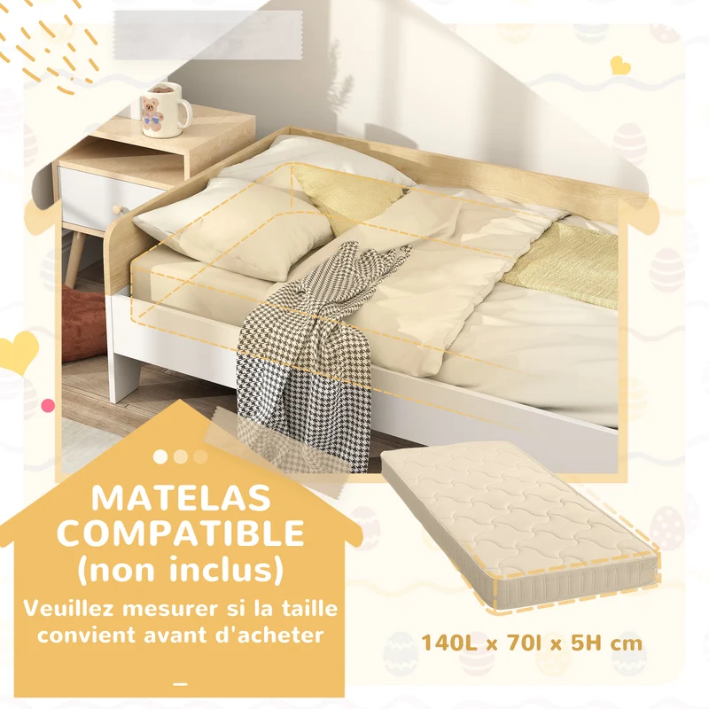 Lit enfant bas compact 143,5 x 74 x 40 cm sécurité panneaux latéraux élevés transition berceau minimaliste en MDF blanc 21_0000249