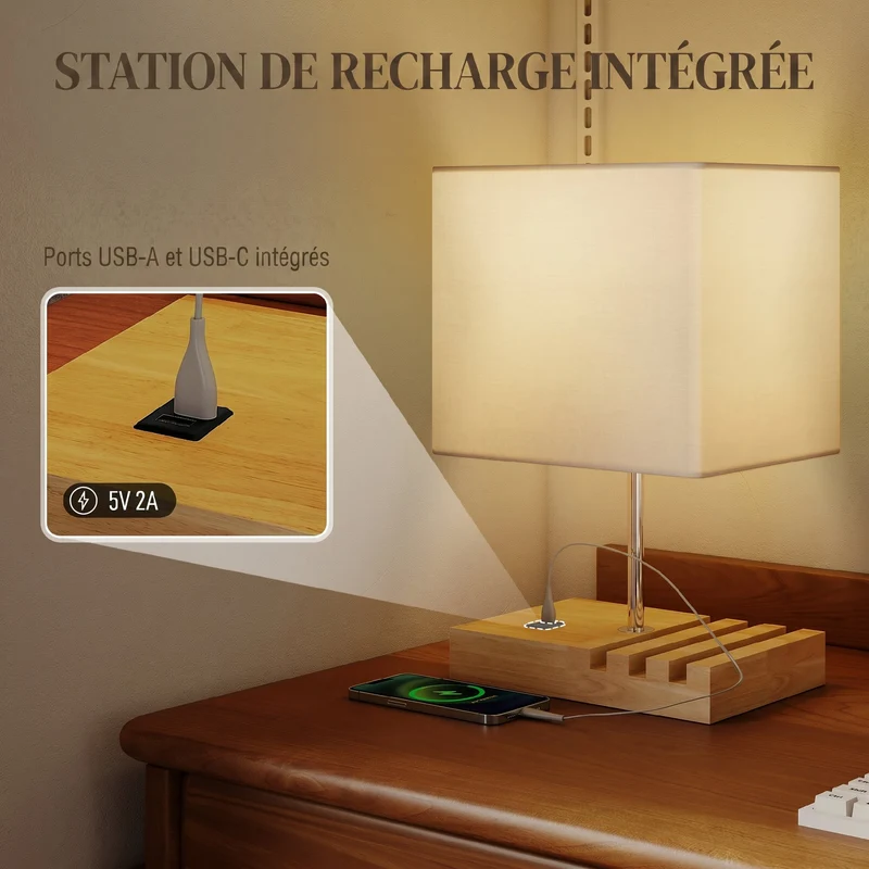 Lampe de chevet 25 x 20 x 40,5 cm ports usb a et c trois emplacements rangement intégré moderne épuré en bois naturel 21_0007059