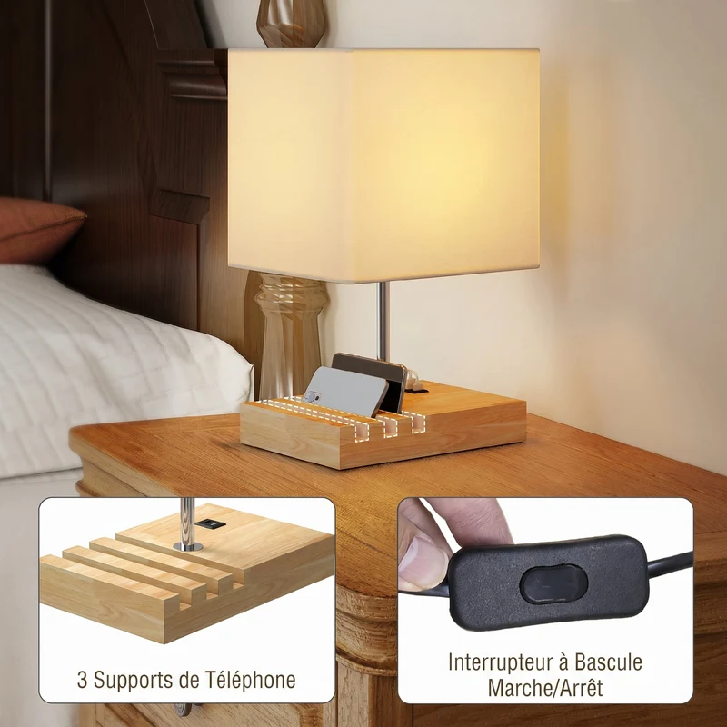 Lampe de chevet 25 x 20 x 40,5 cm ports usb a et c trois emplacements rangement intégré moderne épuré en bois naturel 21_0007059