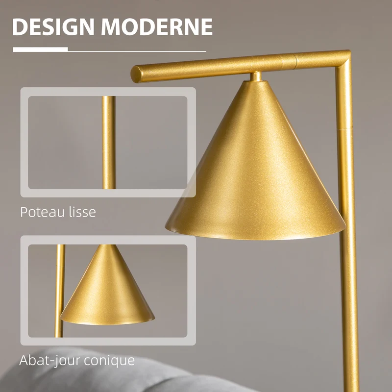 Lampadaire sur pied salon orientable 35 x 26 x 153 cm abat-jour conique éclairage tamisé élégant vintage en acier doré 21_0007019