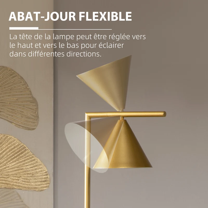 Lampadaire sur pied salon orientable 35 x 26 x 153 cm abat-jour conique éclairage tamisé élégant vintage en acier doré 21_0007019