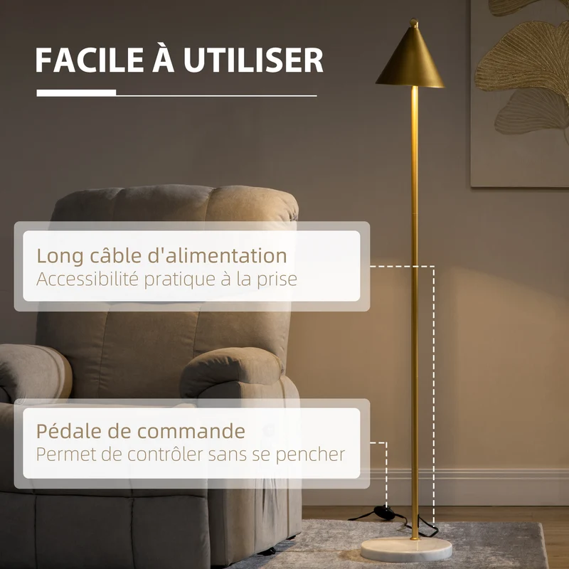 Lampadaire sur pied salon orientable 35 x 26 x 153 cm abat-jour conique éclairage tamisé élégant vintage en acier doré 21_0007019