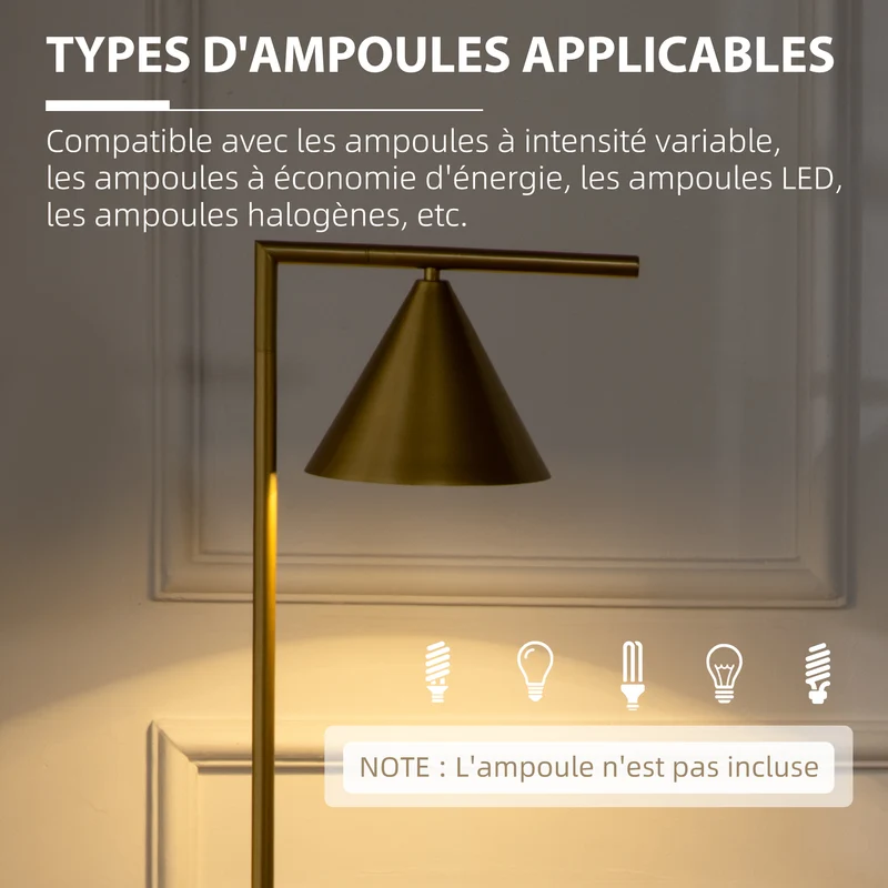 Lampadaire sur pied salon orientable 35 x 26 x 153 cm abat-jour conique éclairage tamisé élégant vintage en acier doré 21_0007019