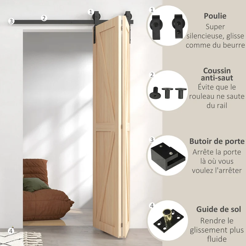 Kit de rail porte pliante coulissante 122 x 0,5 x 4 cm gain d'espace silencieux industriel en acier au carbone noir 21_0007145