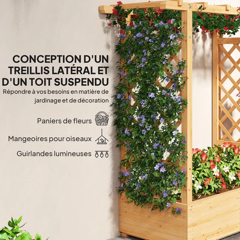 Jardinière surélevée pour jardin 110 x 44 x 113 cm grand bac plantation avec treillis brise vue rustique en bois naturel 21_0005606