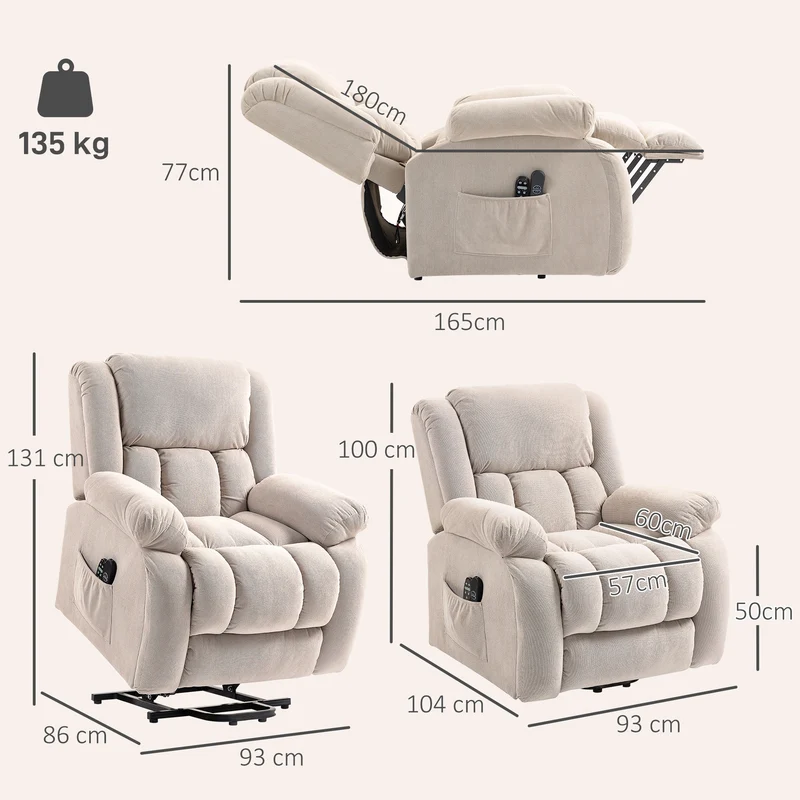 Fauteuil releveur électrique relaxant 93 x 104 x 100 cm massage chauffant incliné 150° contemporain en velours beige 21_0000908