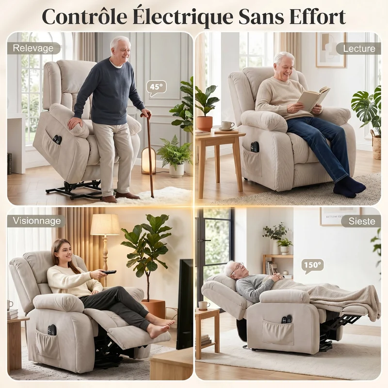 Fauteuil releveur électrique relaxant 93 x 104 x 100 cm massage chauffant incliné 150° contemporain en velours beige 21_0000908