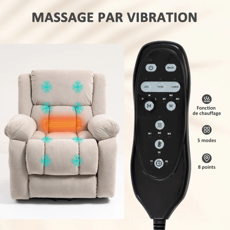 Fauteuil releveur électrique relaxant 93 x 104 x 100 cm massage chauffant incliné 150° contemporain en velours beige 21_0000908