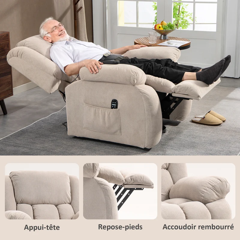 Fauteuil releveur électrique relaxant 93 x 104 x 100 cm massage chauffant incliné 150° contemporain en velours beige 21_0000908