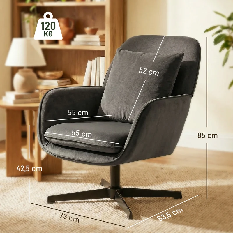 Fauteuil de salon 73 x 83.5 x 85 cm assise rembourrée 16 cm rotation 360° moderne contemporain en velours gris foncé 21_0003636