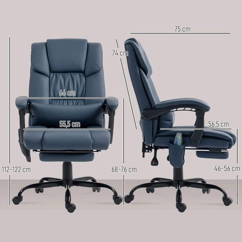 Fauteuil de bureau massant 66 x 75 x 122 cm dossier inclinable 130° repose-pieds extensible moderne en polyuréthane bleu 21_0006181