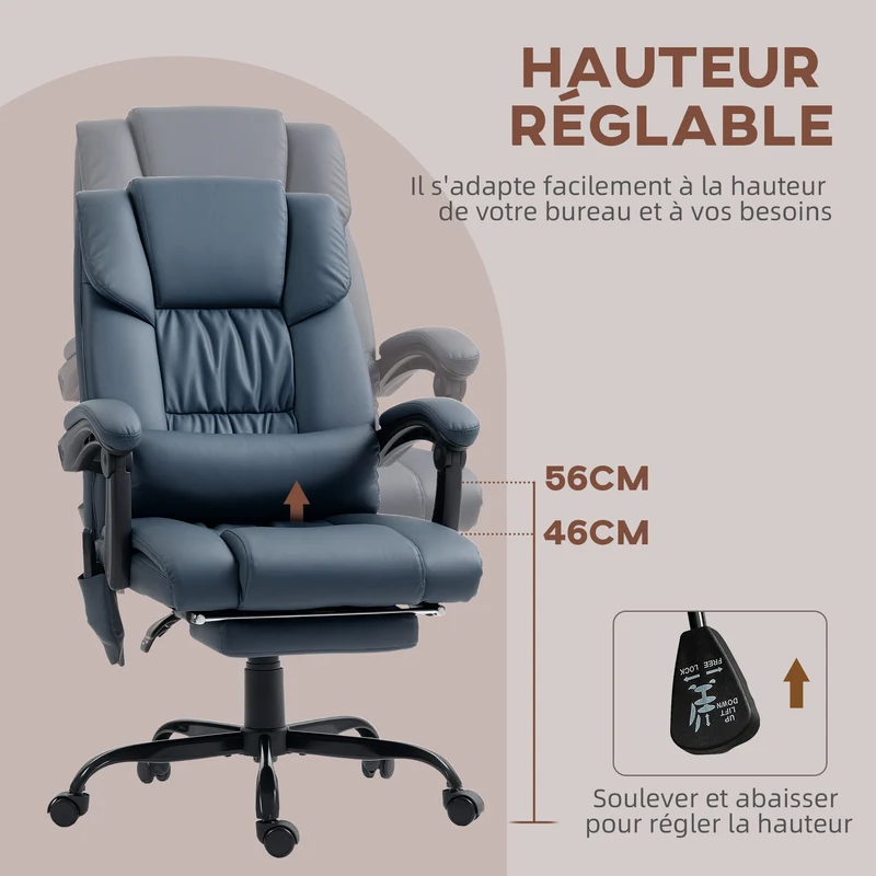 Fauteuil de bureau massant 66 x 75 x 122 cm dossier inclinable 130° repose-pieds extensible moderne en polyuréthane bleu 21_0006181
