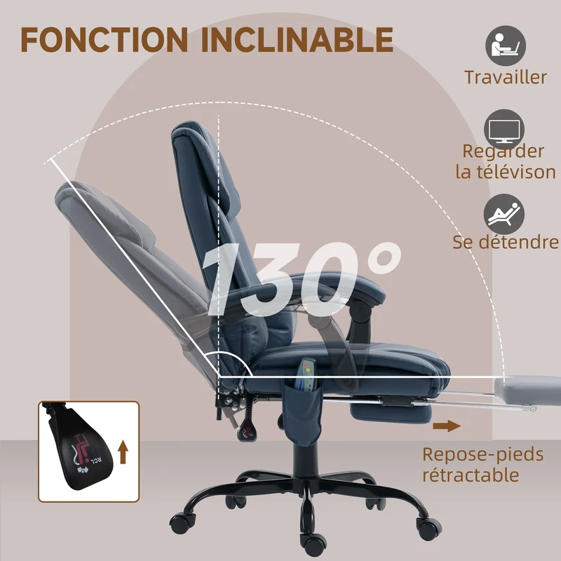 Fauteuil de bureau massant 66 x 75 x 122 cm dossier inclinable 130° repose-pieds extensible moderne en polyuréthane bleu 21_0006181