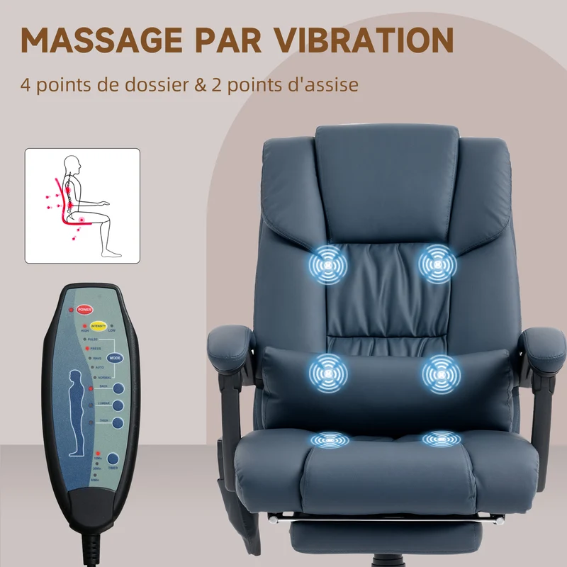 Fauteuil de bureau massant 66 x 75 x 122 cm dossier inclinable 130° repose-pieds extensible moderne en polyuréthane bleu 21_0006181