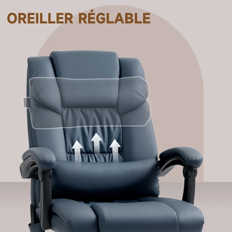 Fauteuil de bureau massant 66 x 75 x 122 cm dossier inclinable 130° repose-pieds extensible moderne en polyuréthane bleu 21_0006181
