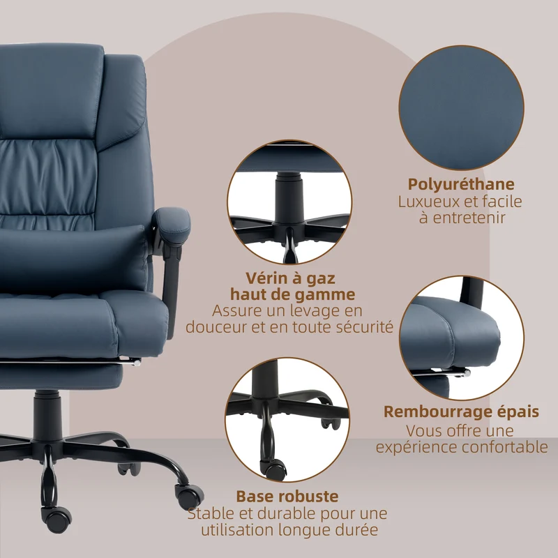 Fauteuil de bureau massant 66 x 75 x 122 cm dossier inclinable 130° repose-pieds extensible moderne en polyuréthane bleu 21_0006181